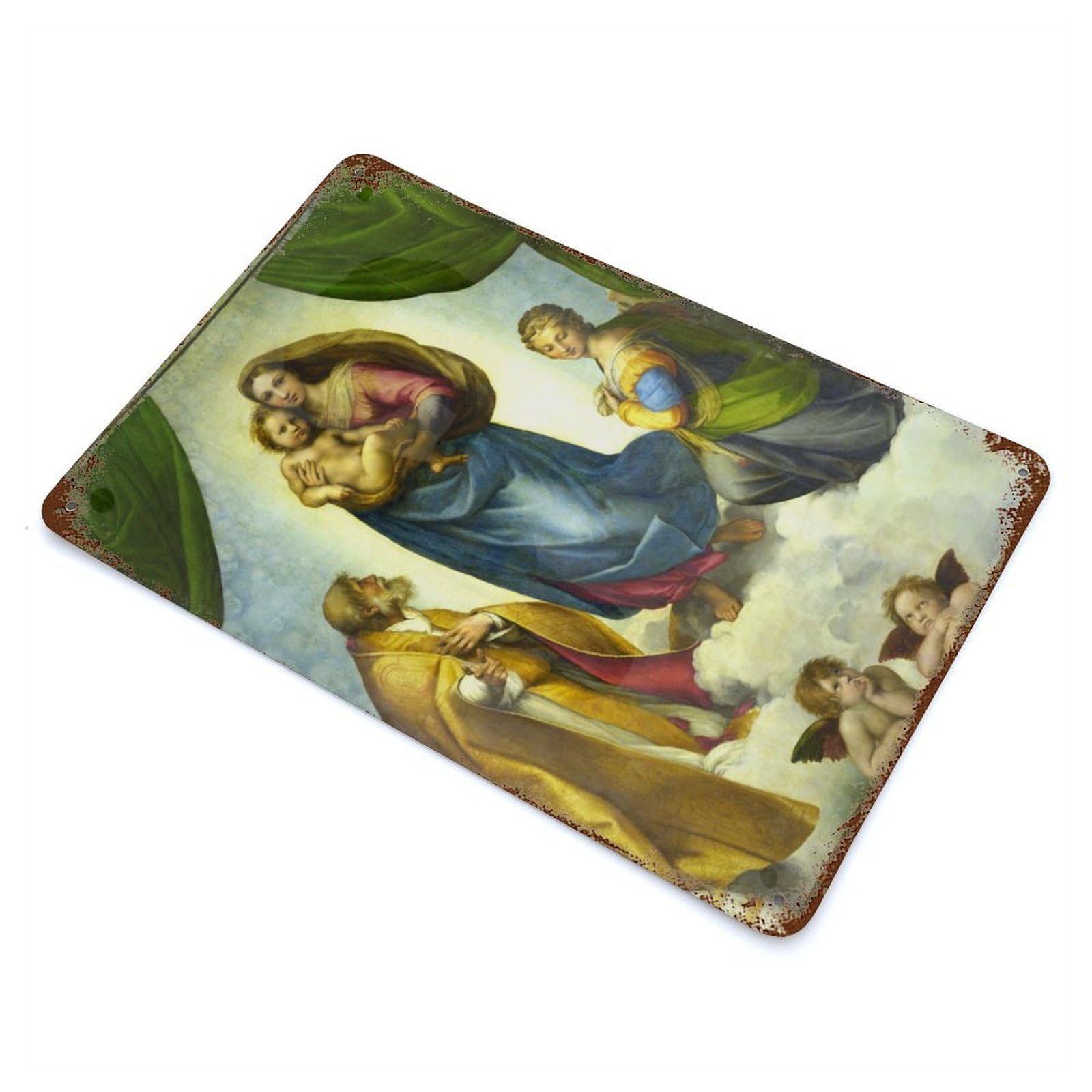 The Sistine Madonna Vintage Wall Sign 11.8"x7.9", Rust Effect Metal Decor for Basement, Hobby Room And Garage Decor