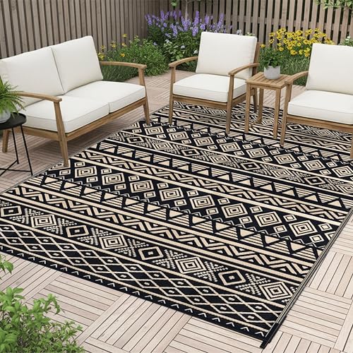 RURALITY Outdoor Rugs 9'x12' Waterproof for Patios Clearance,Plastic Straw Mats for Backyard,Porch,Deck,Balcony,Black&Beige