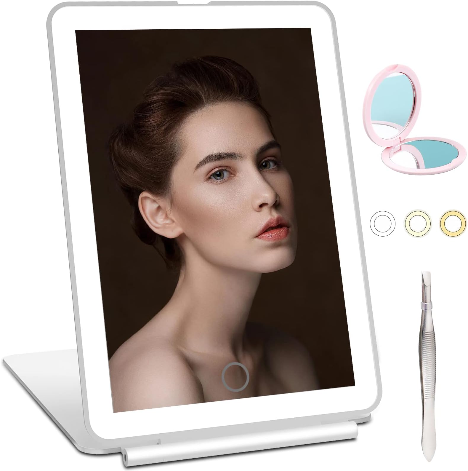 Makeup Mirror with 80 Led Lights,Portable Lighted Makeup Beauty Mirror, Compact LED Mirror,3 Color Lighting, Dimmable Touch Screen, LED Folding Cosmetic Mirror with Lights(White)