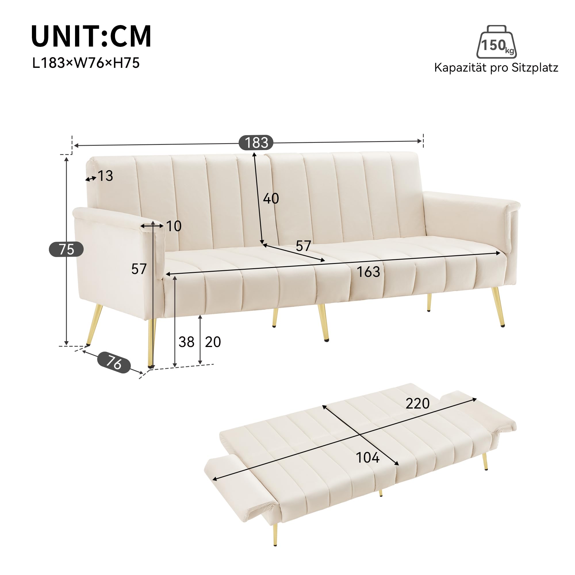 Moderno divano letto pieghevole, divano letto con piedini ausiliari, funzione sonno, tessuto in velluto, adatto per soggiorno, camera da letto, home cinema, camera degli ospiti (beige)