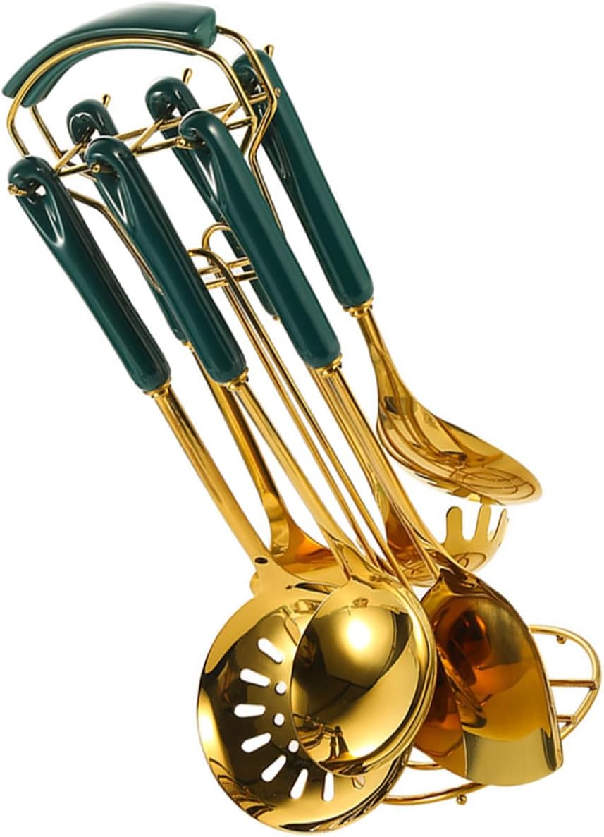 BESPORTBLE Ceramic Handle Stainless Steel Kitchen Utensils Heat-resistant Cooking Tools with Hook Design for Non-stick Pans and Easy Storage in Home Kitchen