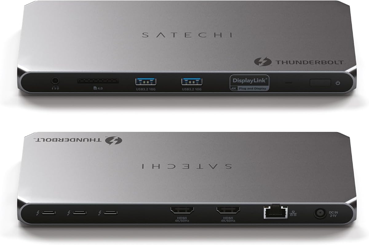 Satechi Thunderbolt 4 Docking Station, 2X 4K/60Hz HDMI Displays | 100W charging, 40 Gbps data transfer, 2 USB-A 3.2 ports, Ethernet, for MacBook Air/Pro M5, Mac, Windows, DisplayLink required