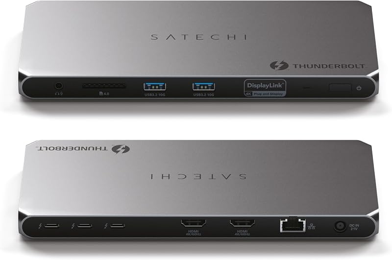 Satechi Thunderbolt 4 Docking Station, 2X 4K/60Hz HDMI Displays | 100W charging, 40 Gbps data transfer, 2 USB-A 3.2 ports, Ethernet, for MacBook Air/Pro M5, Mac, Windows, DisplayLink required