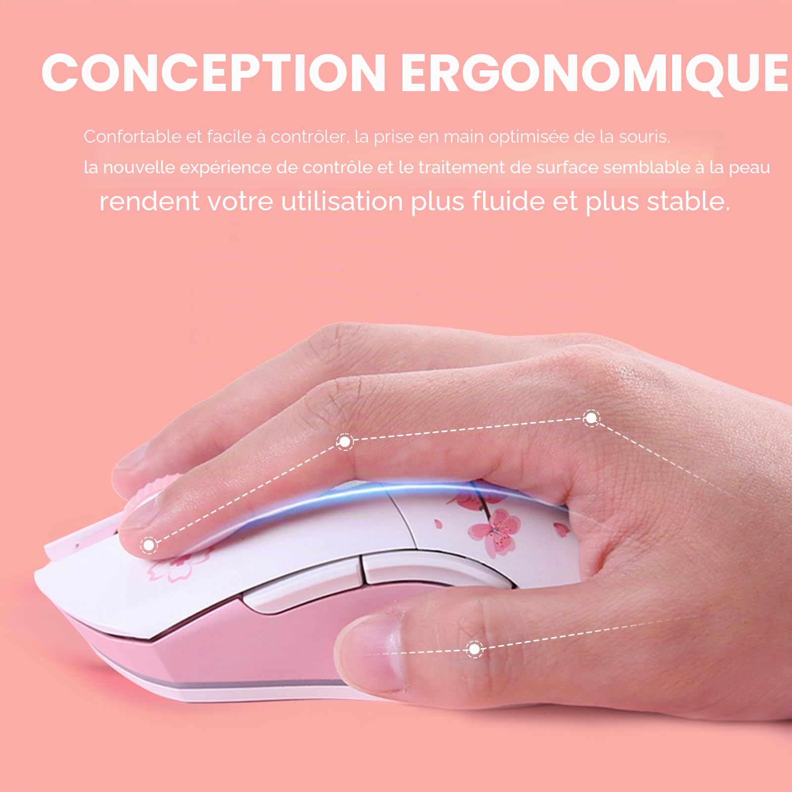 DAREU Sakura Souris sans Fil Rose avec Station de Chargement Rechargeable RGB, 12K DPI, 7 Boutons Programmables, Capteur Haute Précision 300IPS 1000Hz Souris Gamer pour PC Notebook Mac- Rose et Blanc
