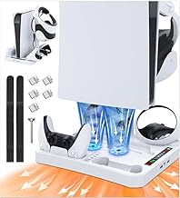 PS5 Cooling Station & Controller Charging Station with 2 Cooling Fans for PS5 & PS VR2, PS5 Stand Vertical Charging Dock with Remote Slot, PSVR2 Headset Stand Holder, for Digital/Disc Edition