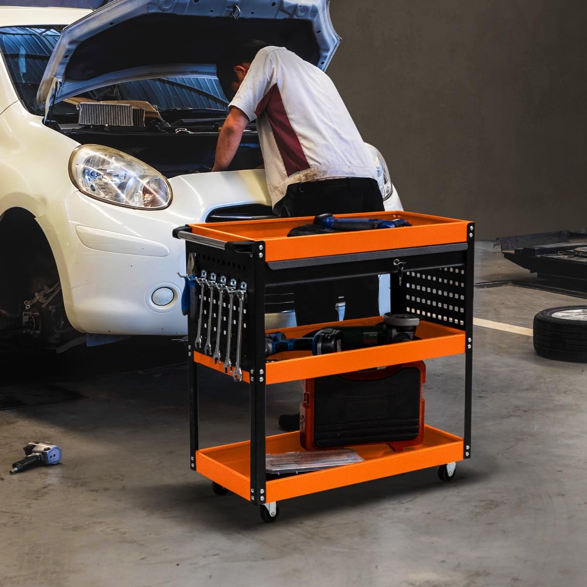 Carrello Portatile a 3 Piani con Cassetto con Serratura 2 Chiavi 4 Ruote Girevoli 2 Ripiani per Appendere 6 Ganci Capacità 150 kg Officina Garage Fai da Te Acciaio Verniciato a Polvere Resistente