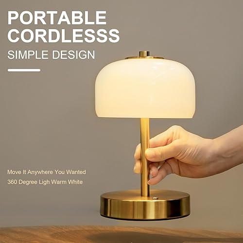 Miniatura 5 de Oneach Lámpara de mesa inalámbrica de 9 pulgadas, lámpara recargable dorada con pilas, lámparas táctiles de atenuación continua de 3 vías, luz de