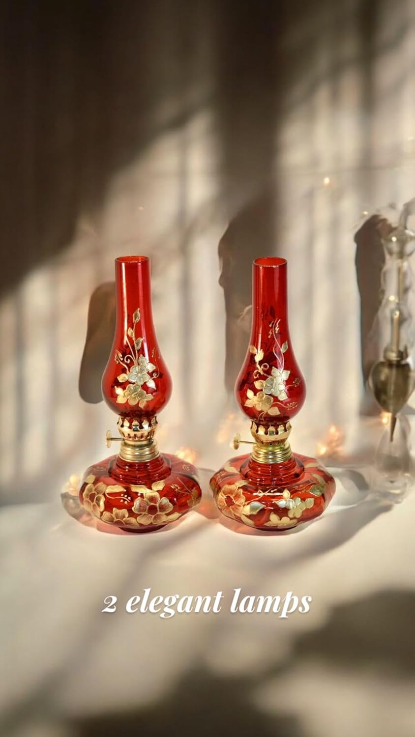 Set of 2 Hand Blown Glass Oil Lamp, Red with Gold Floral Design