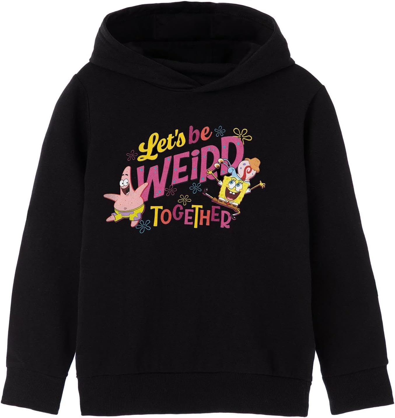SPONGEBOB SQUAREPANTS Girls Hoodie in Black | Let's Be Weird Together Hooded Sweatshirt for Children | Teens Sponge Bob Patrick Heavyweight Graphic Hoody | Retro Cartoon Jumper Merchandise for Kids