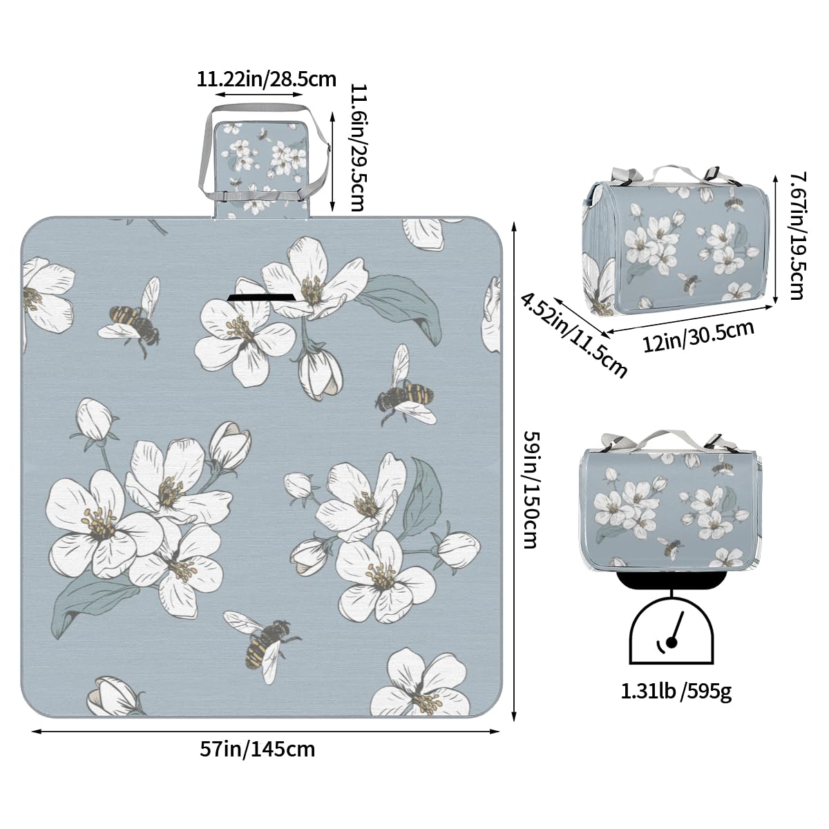 Shimoshe Picnic Blankets 57”x 59”, Cherry Blossom Print Waterproof Sandproof Picnic Mat Lightweight Foldable Beach Blanket for Camping Park Grass Beach Outdoor Blanket
