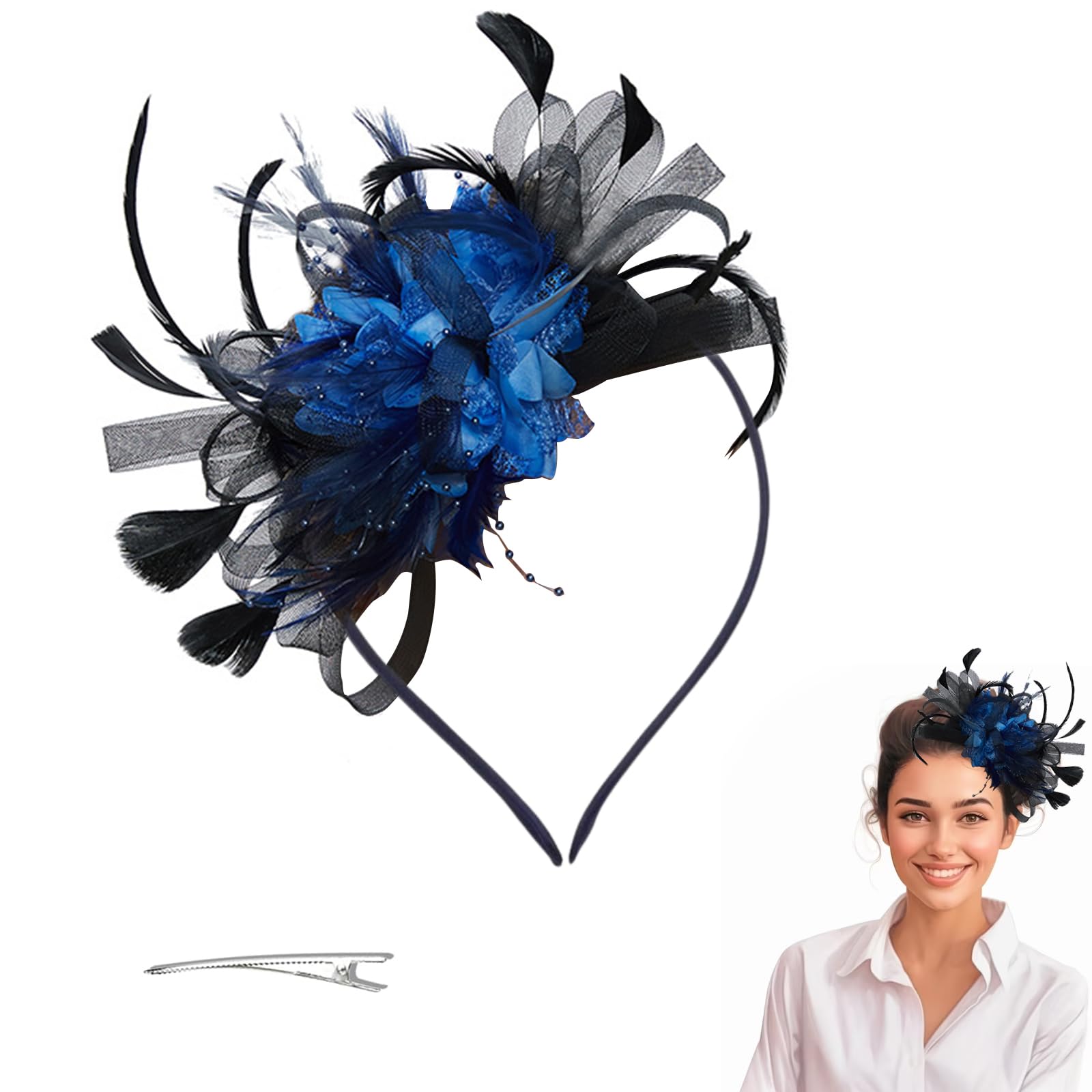 TICKLELY Tocados Madrina，Tocado Fascinator Cabello Azul Diadema Pelo Boda Accesorios Peinados Horquilla Plumitas Y Flores
