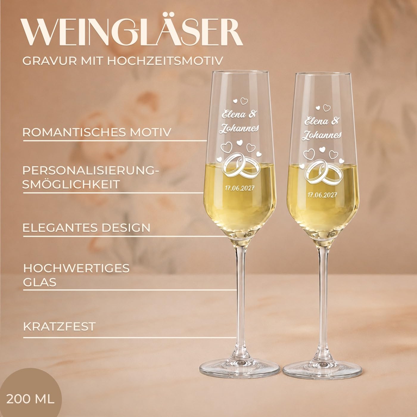 Maverton 2 Sektgläser mit Gravur in Holzkiste - Champagner Gläser 220ml - personalisierte Geschenke für Paar - Hochzeitsgeschenke für Brautpaar - Geschenk Hochzeit