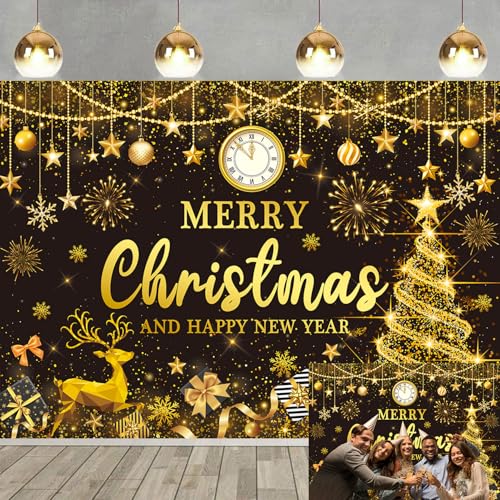 Merry Christmas Happy New Year Backdrop 6x4ft Black Gold Sparkling Xmas Tree Snowflake Photography Background Winter Christmas Eve Family Party Decoration Banner