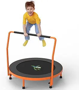 3FT Foldable Kids Trampoline, 36'' Indoor & Outdoor Mini Trampoline for Toddlers, Max Capacity 220 LBS, Adjustable Handlebar, Quiet & Safe Design