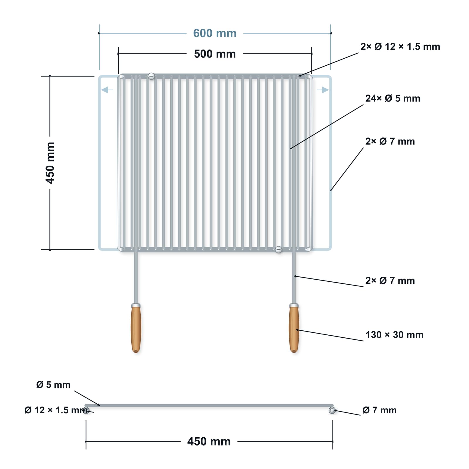 Deos-grill Rejilla de barbacoa ajustable de acero inoxidable 50–60 × 45 cm – con dos asas de madera