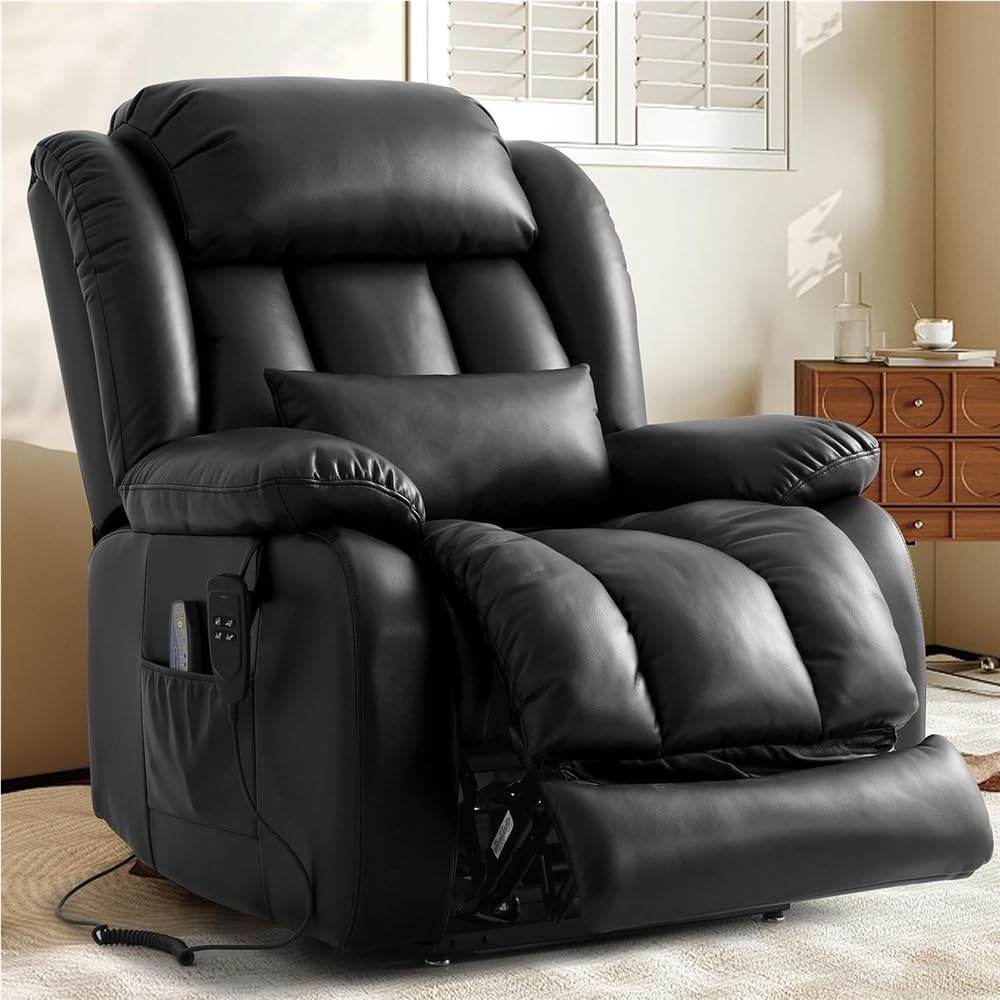 Extra Large Power Lift Recliner Chair Infinite Position Lay Flat Dual Motor Electric Sofa with Heated Massage Breathable Leather Comfortable Lounge Seating for Living Room