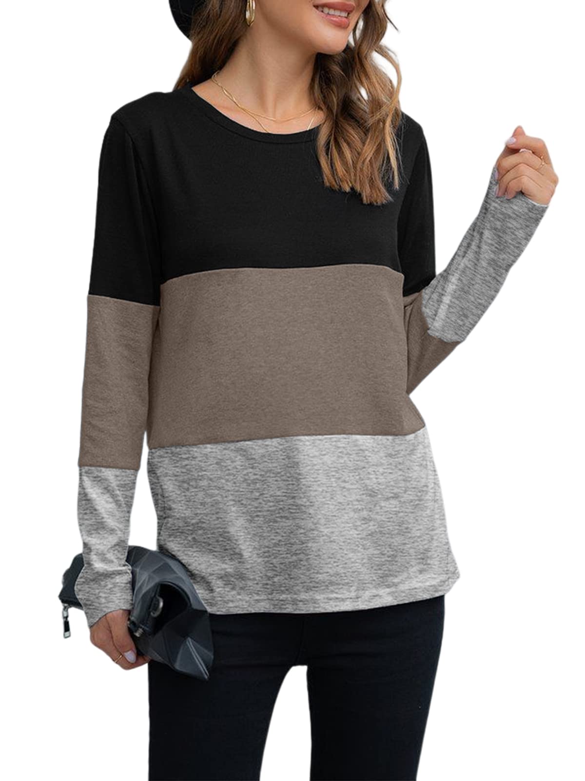 GEMLONWomen Long Sleeve Color Block Tunic Cute Casual Loose Fit Pullover Sweatshirt Top