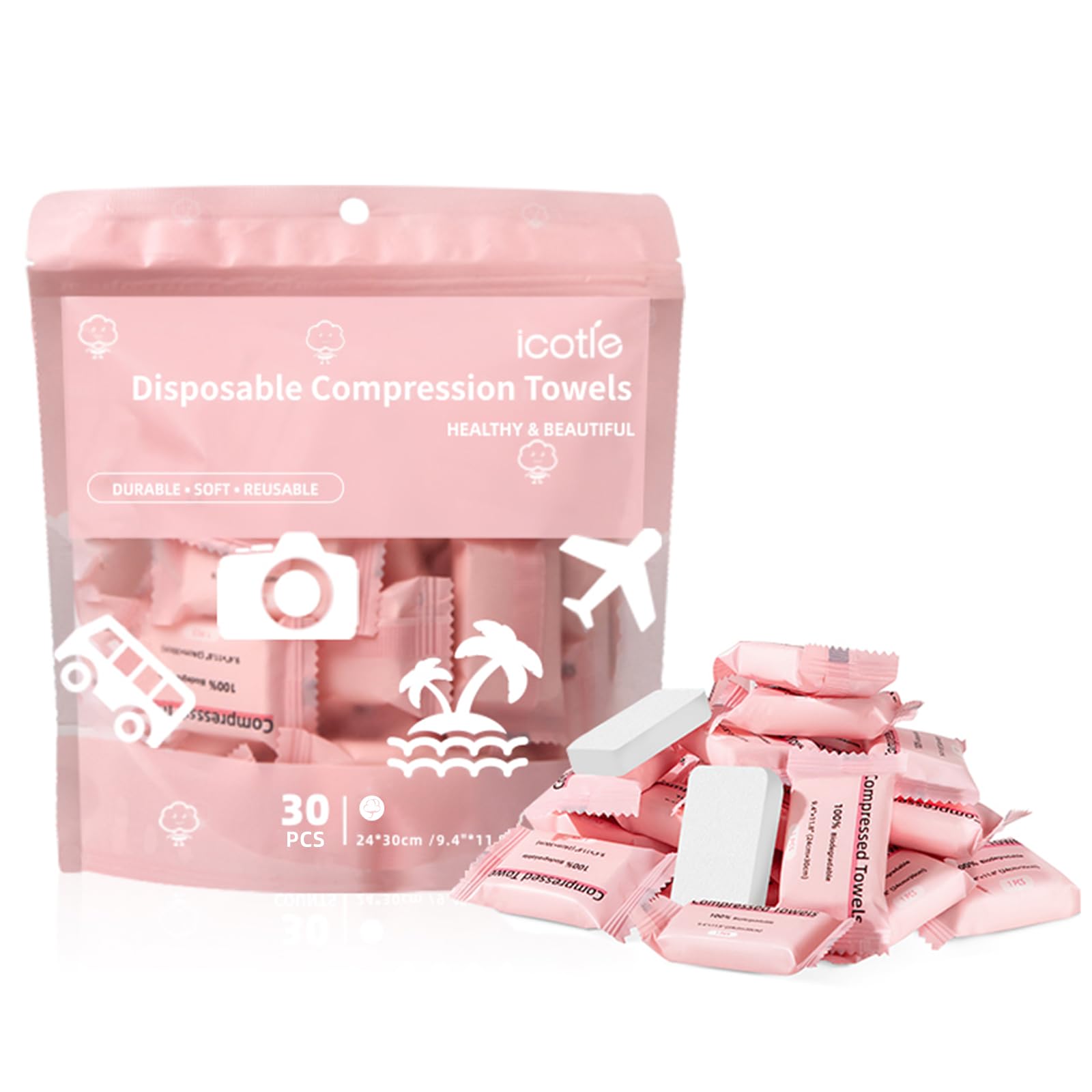 Compressed Towel 30 Pcs Disposable Compressed Face Towel Portable Cotton Coin Tissue Camping Towel for Travel/Home/Outdoor Activities