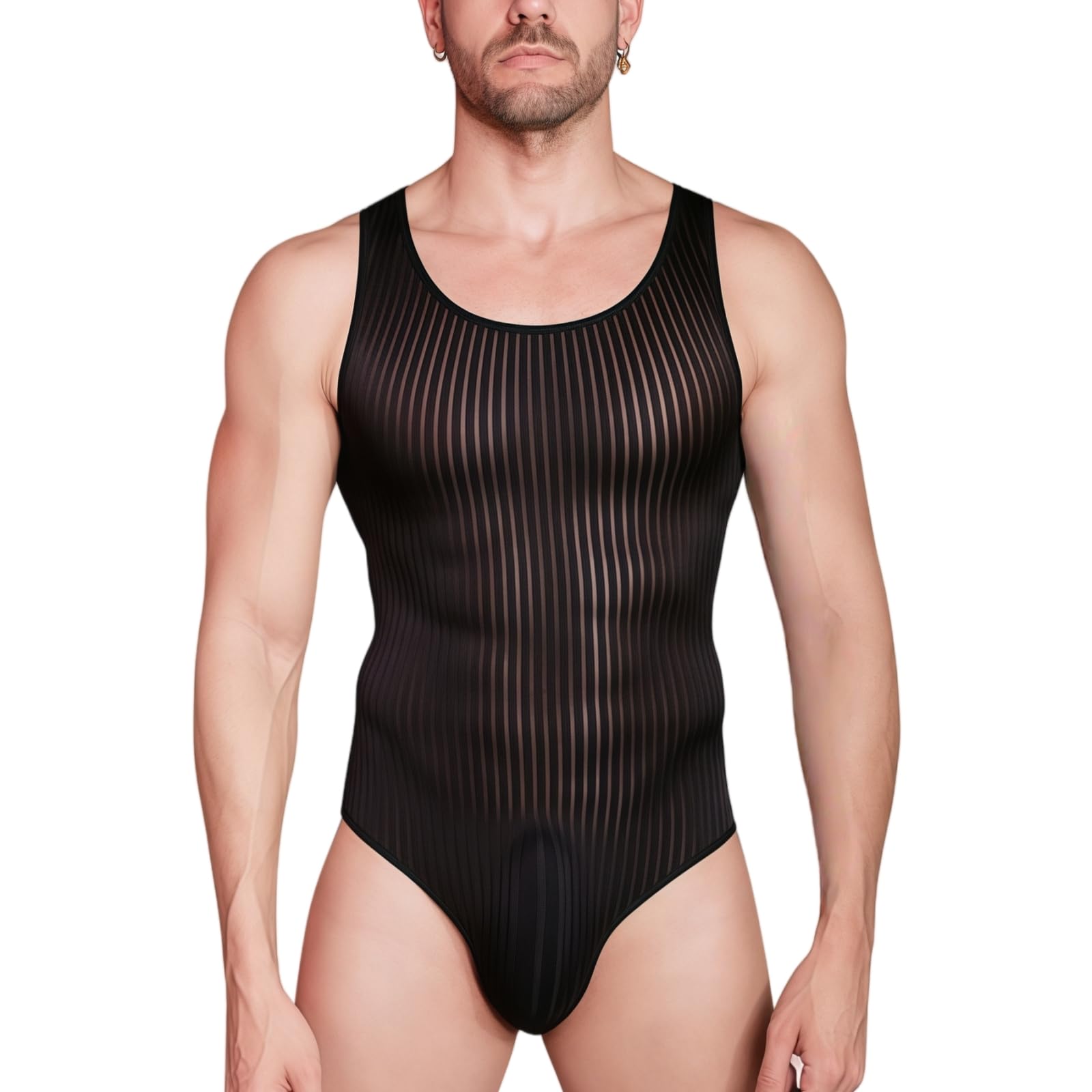 Hybursky Men's Sleeveless Leotard Bodysuit See Through Striped One Piece Jumpsuits Undershirt Mens Lingerie Bodysuits Sheer Mesh Wrestling Singlet Party Clubwear Nightwear, Black
