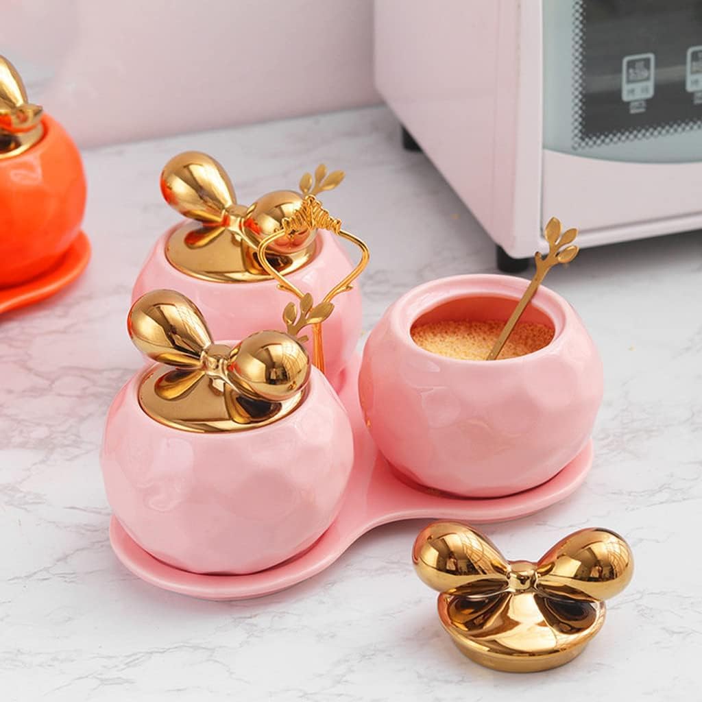 SAeWare Gewürzdose, Gewürzbehälter, Keramik, Gewürzglas mit Tablett und Löffel, Set, Küche, Salz, Zucker, Pfeffer, Gewürzbehälter, Gläser, Küchentheke, Orange