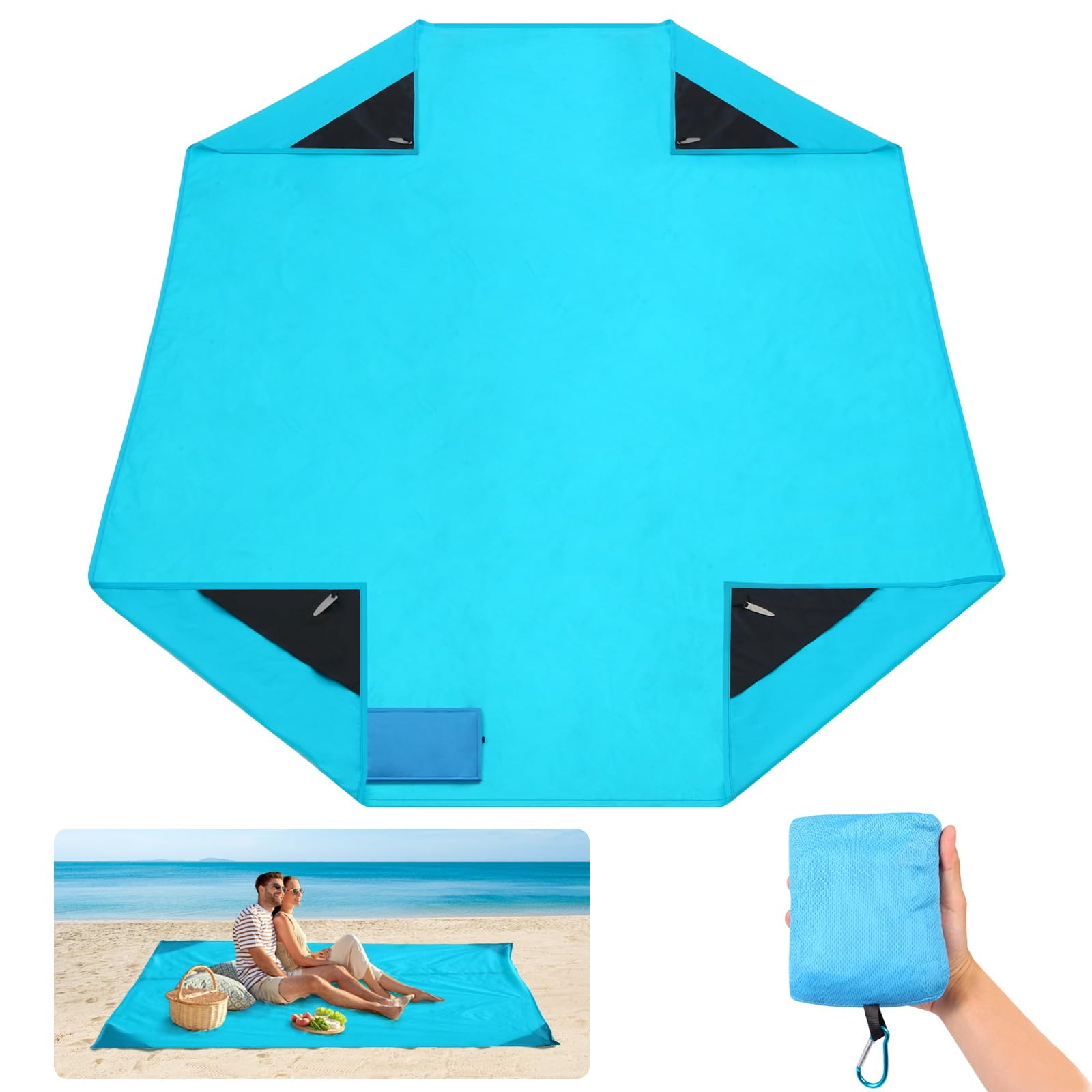 Gelewuld Beach Blanket Pocket Blanket, Beach Mat 150 * 180 cm for 2-4 Adults, Waterproof Sandproof Quick Drying Outdoor Picnic Mat for Travel, Camping, Hiking