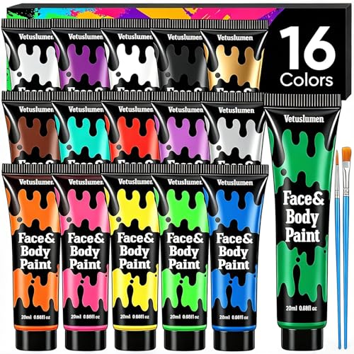 16 Colors Face Body Paint 4th of July Face Painting Set For Adults Water Based Washable Cream Makeup Non-Toxic Safe Makeup for Stage Cosplay Sports Halloween Festivals Party Supplies (20ml Each)