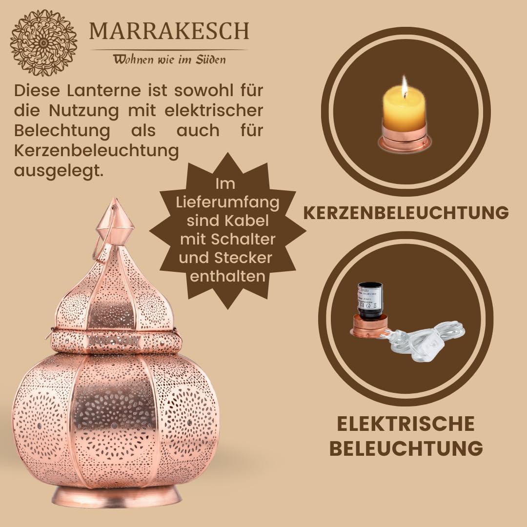Marrakesz lampa i latarnia w jednym z metalu o wielkości 30 cm | lampa stołowa Lamisa miedziana jako orientalna dekoracja