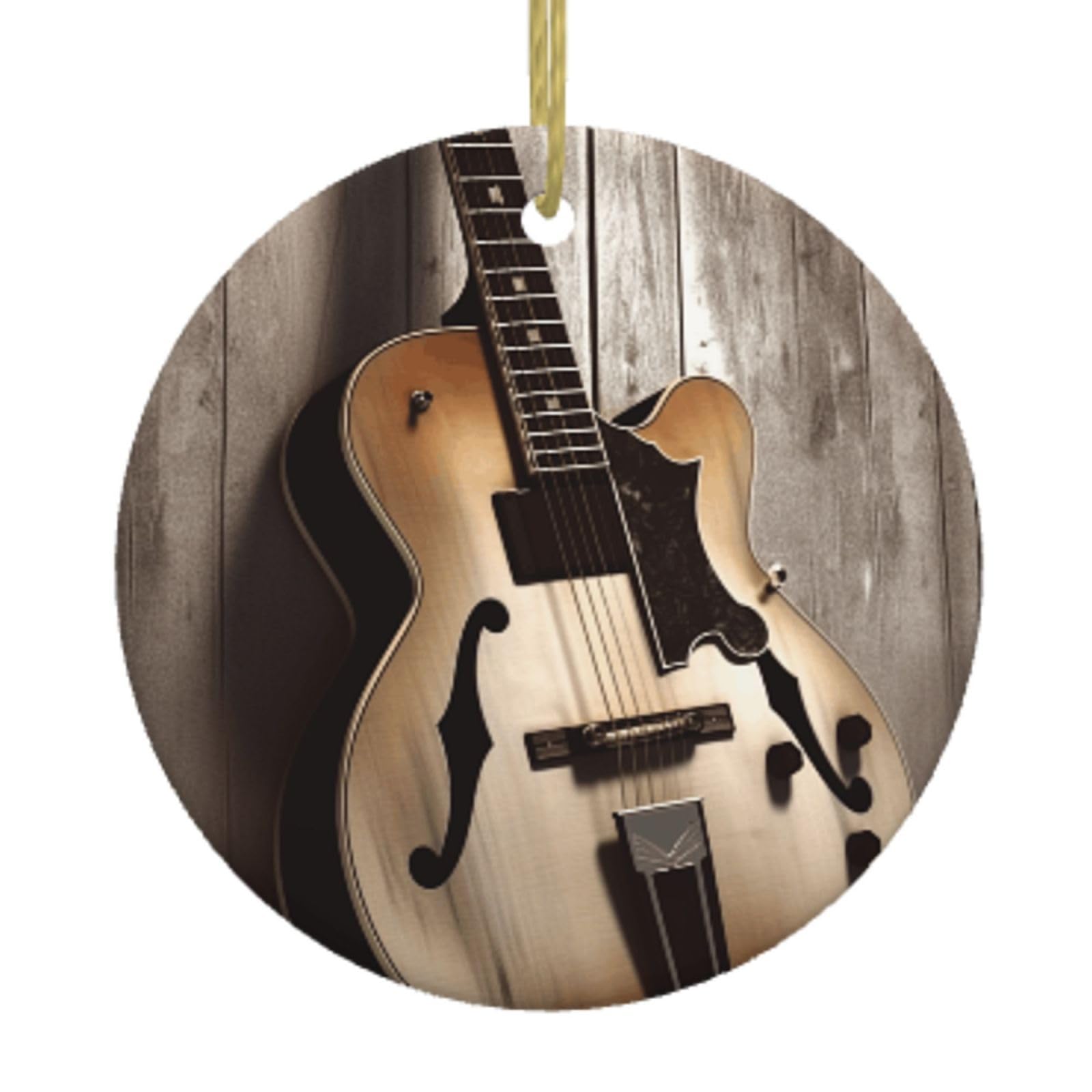 Ceramic Christmas Tree Hanging Ornaments with Gold Ropes Christmas Tree Decorations Round Ceramic Guitar Pictures Pendant Keepsake Decorations for Holiday Xmas Gift Ideas