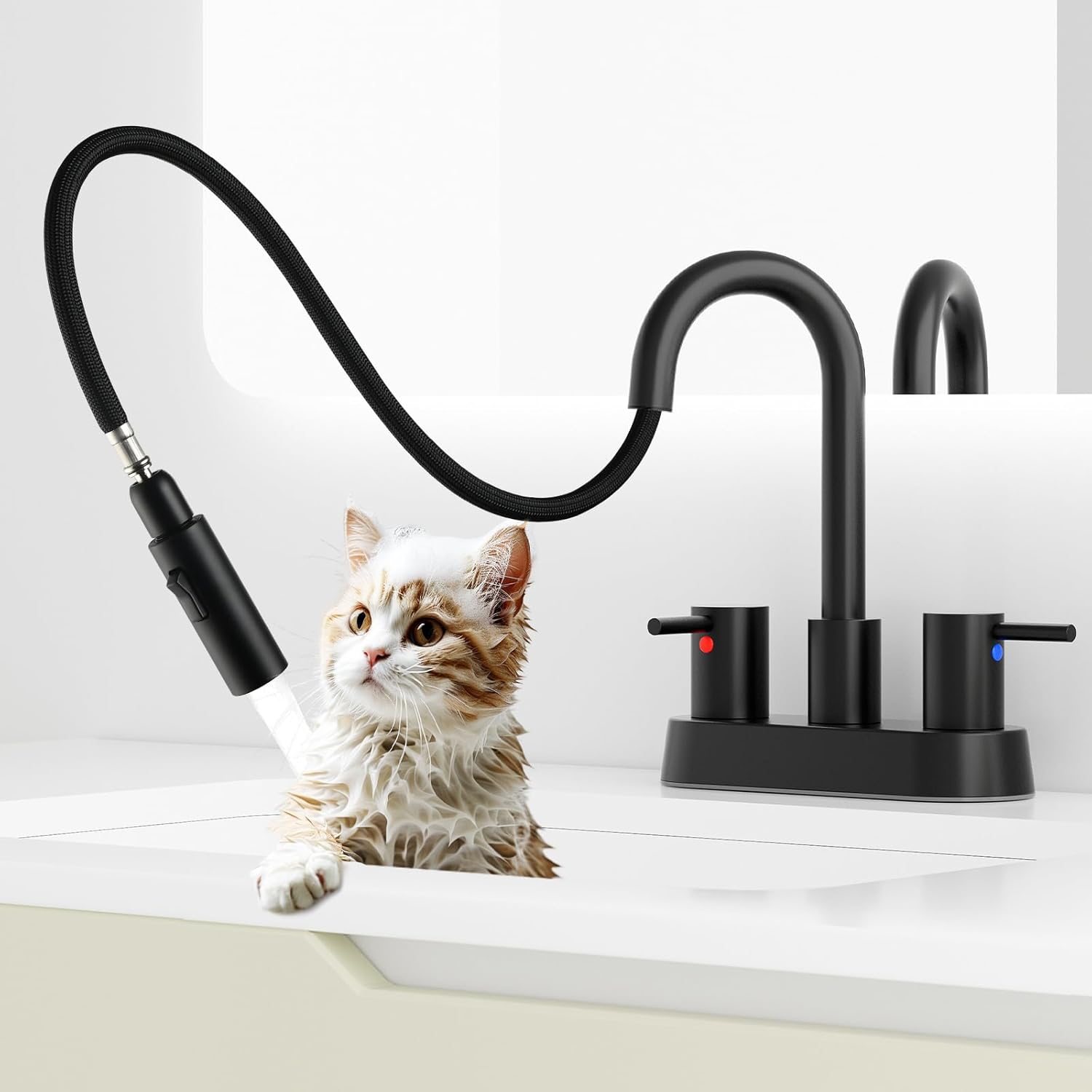 Stainless Steel Matte Black Bathroom Faucet with Pull Out Sprayer, Black Dual-Function Spout Bathroom Sink Faucet, 4 Inch Two Handle Utility Sink Faucet with Sprayer 3 Hole, Pet Shower, RVs