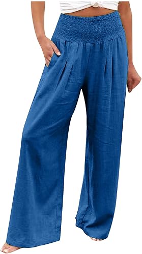 JEGULV Linen Pants for Women Casual Summer, Women's Elastic High Waist Loose Wide Leg Palazzo Lounge with Pockets