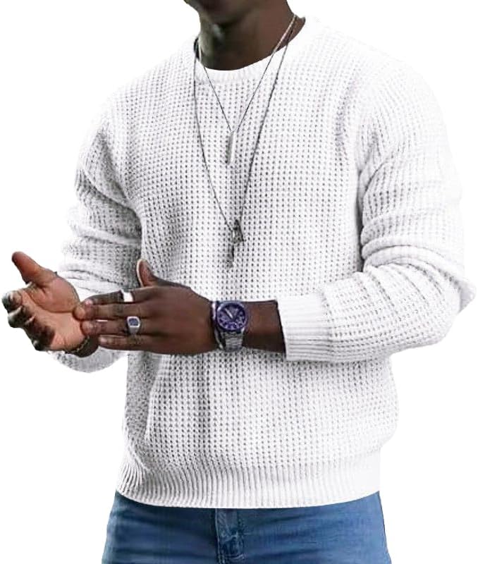- Solid Color Sweatshirt for Men Crewneck Waffle Knit Casual Pullover Shirt Long Sleeve Sweatshirts without Hood