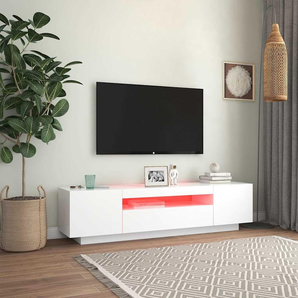 Szafka pod telewizor z oświetleniem LED, biała, 160 x 35 x 40 cm, nowoczesne wzornictwo, półki wiszące, do salonu, kina domowego, centrum mediów