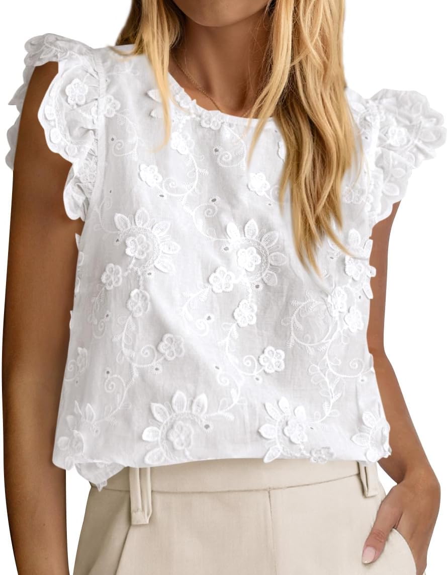 KIRUNDO Summer Tops for Women 2026 Ruffle Cap Sleeve Lace Embroidered Floral Boho Shirts Dressy Casual Blouses Cruise Outfits