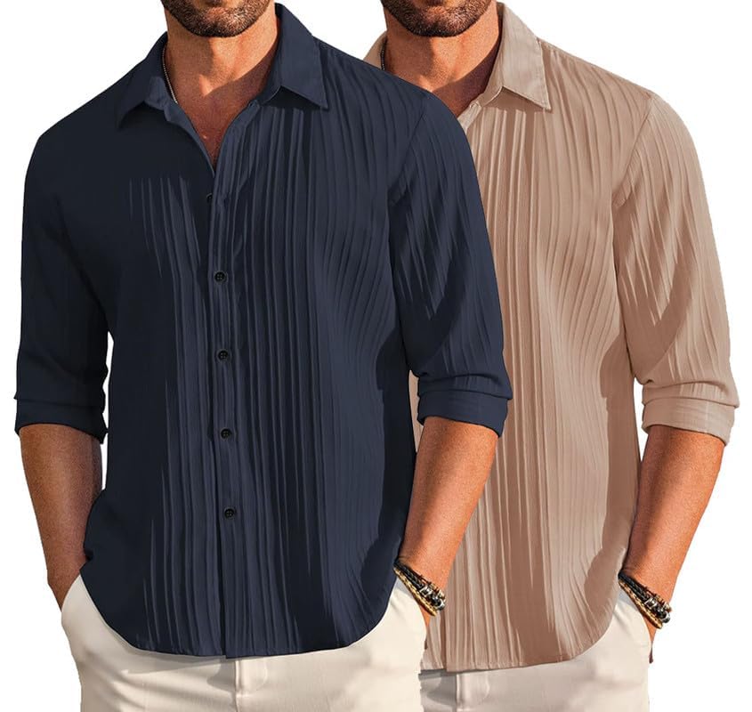 Image of DEELMO Combo of Men's Casual Button Down Shirts Long Sleeve Linen Shirt Fashion Textured Summer Shirts Pack of 2