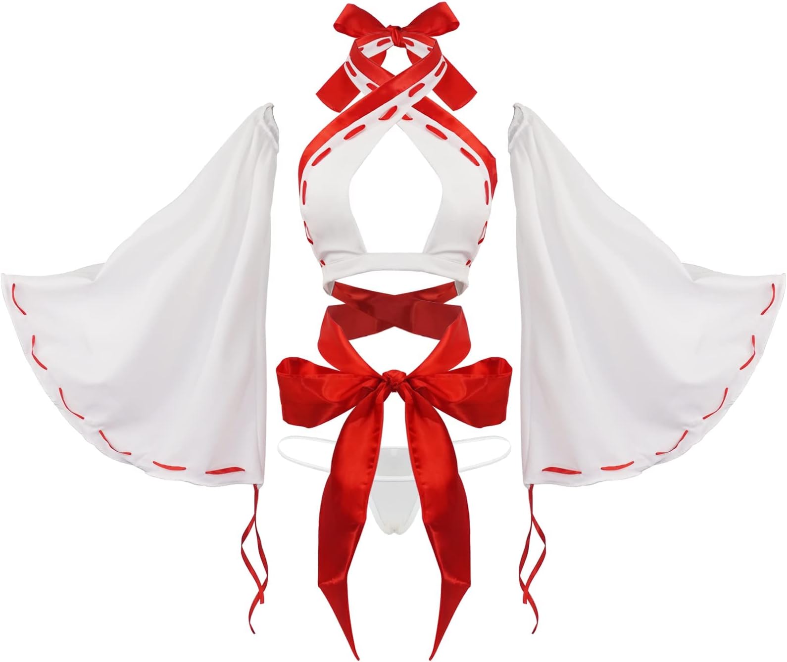 Women Japanese Anime Miko Cosplay Outfit, Red And White Kimono Bra And Panty Set Witch Cosplay Costume