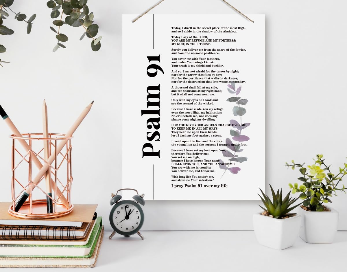 BQL Inspirational Wall Decor, Decorative Hanging Wood Signs, Home Office Gift, Christian Scripture, Religious Sign, Psalms 91 Art 1