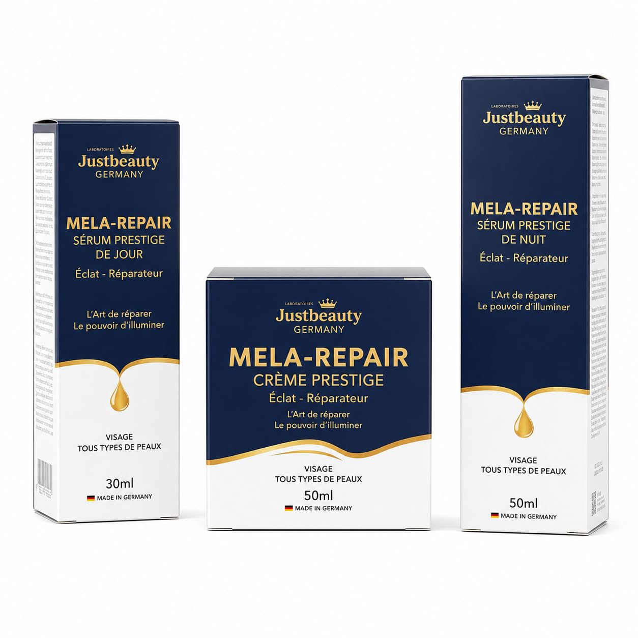 JustBeauty Germany MELA REPAIR Trio Gesichtspflege Intensiv Anti-Flecken – Tag-Serum 30 ml, Nacht-Serum 50 ml & Creme 50 g, Hyperpigmentierung, Melasma, braune Flecken, leuchtender und ebenmäßiger