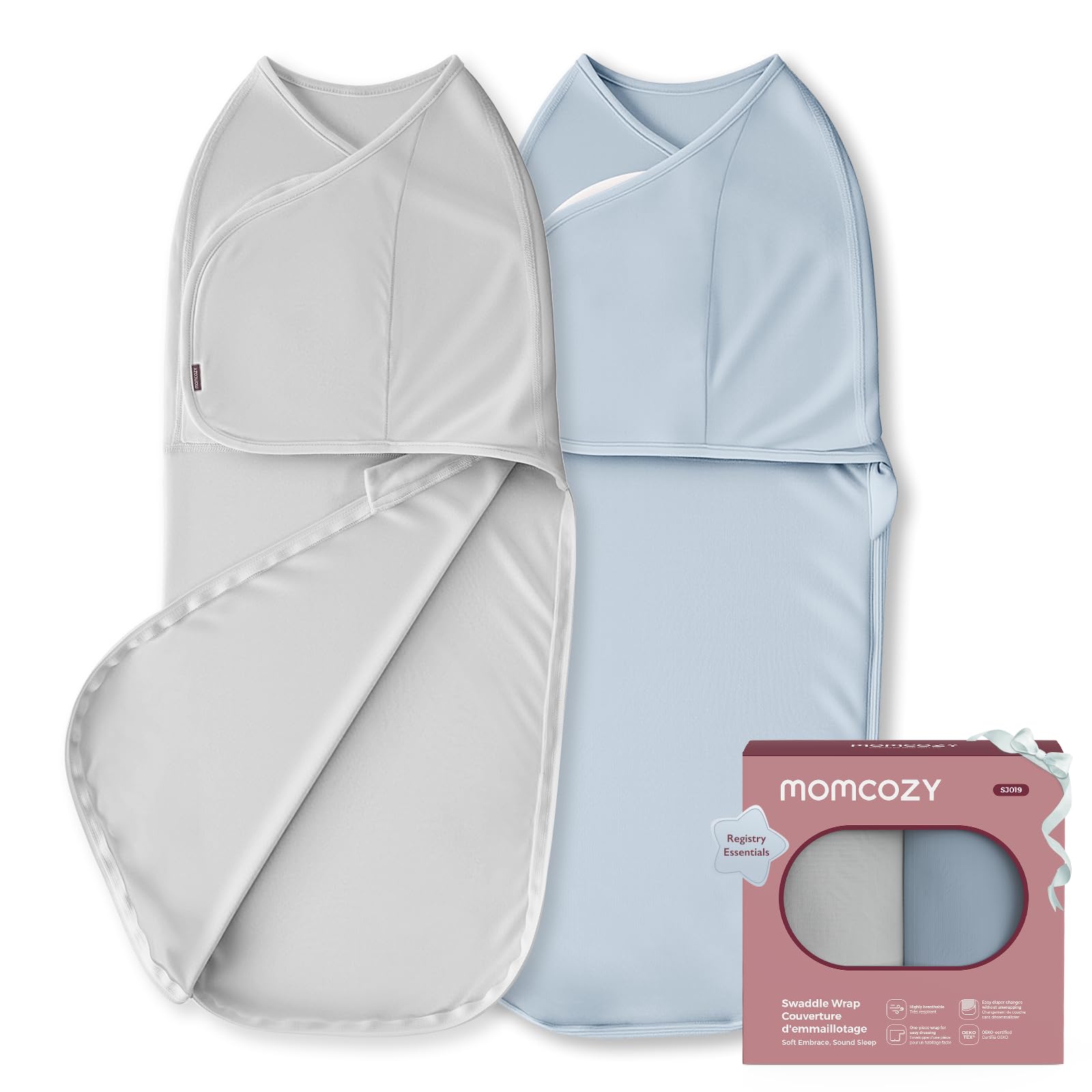 momcozy Swaddle Neonato 0-3 Mesi Sacco Nanna Bambù 2 Pezzi Grigio Blu | Tessuto in Bambù con Chiusura Silenziosa, Ideale durante il Sonno per Ridurre il Riflesso di Moro del Neonato