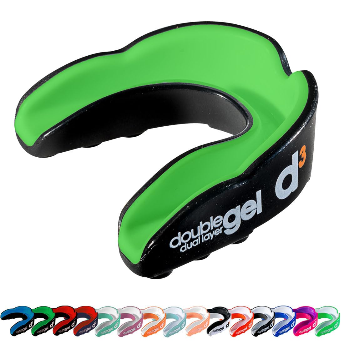 d3 Double Gel Mouthguard wth Case, Adults and Junior Gum Shield for Boxing, MMA, Contact Sports, Rugby, Martial Arts, Judo, Karate, Hockey (Black/Green, Youth (Under 12))