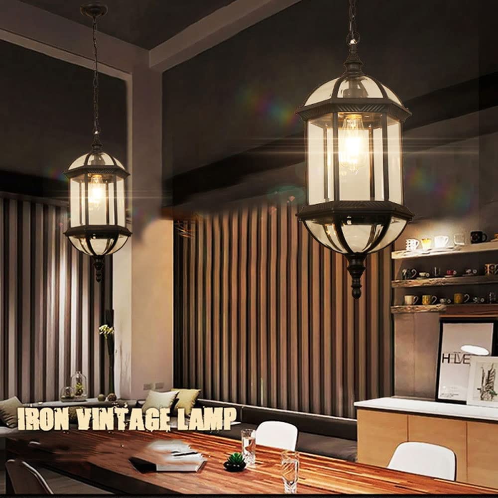 Lampy wiszące zewnętrzne w stylu europejskim, oprawa ganek czarny metal z przezroczystym szkłem wiszące światło zewnętrzne, regulacja wysokości do żyrandola altanka Interesting