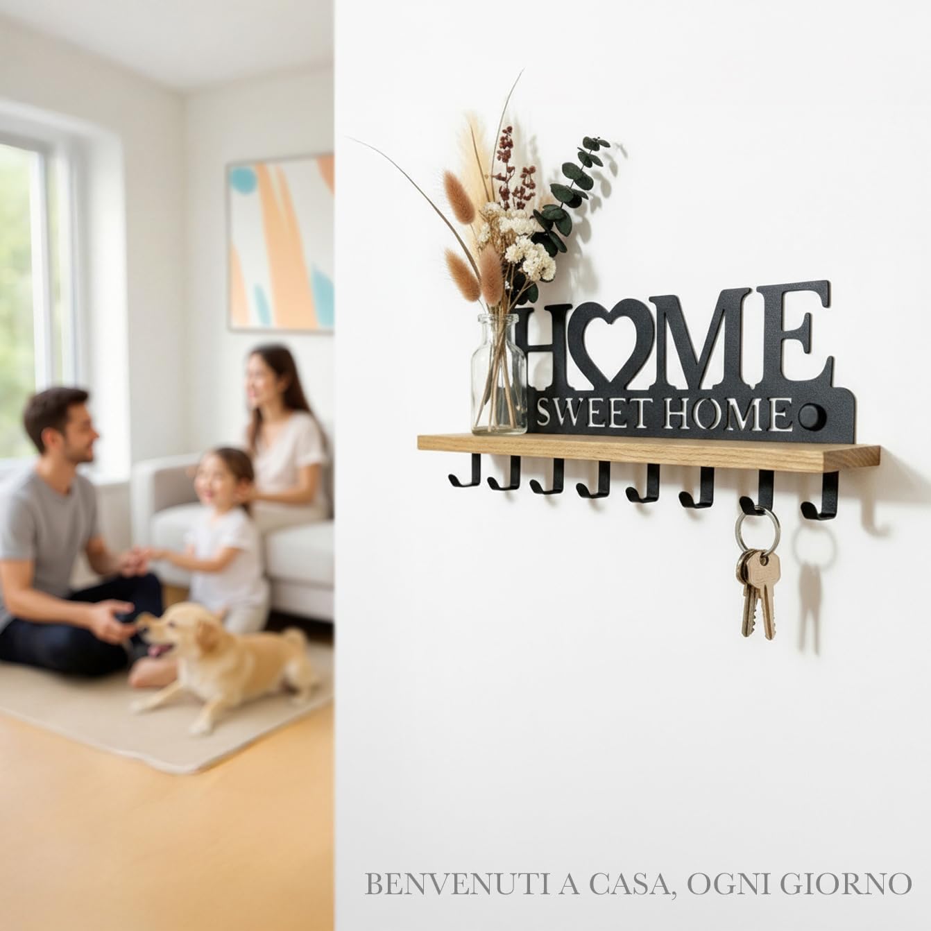 Portachiavi con Mensola in Legno Massello e Metallo – Organizer da Parete con 8 Ganci – Targa Home Sweet Home per l’ingresso