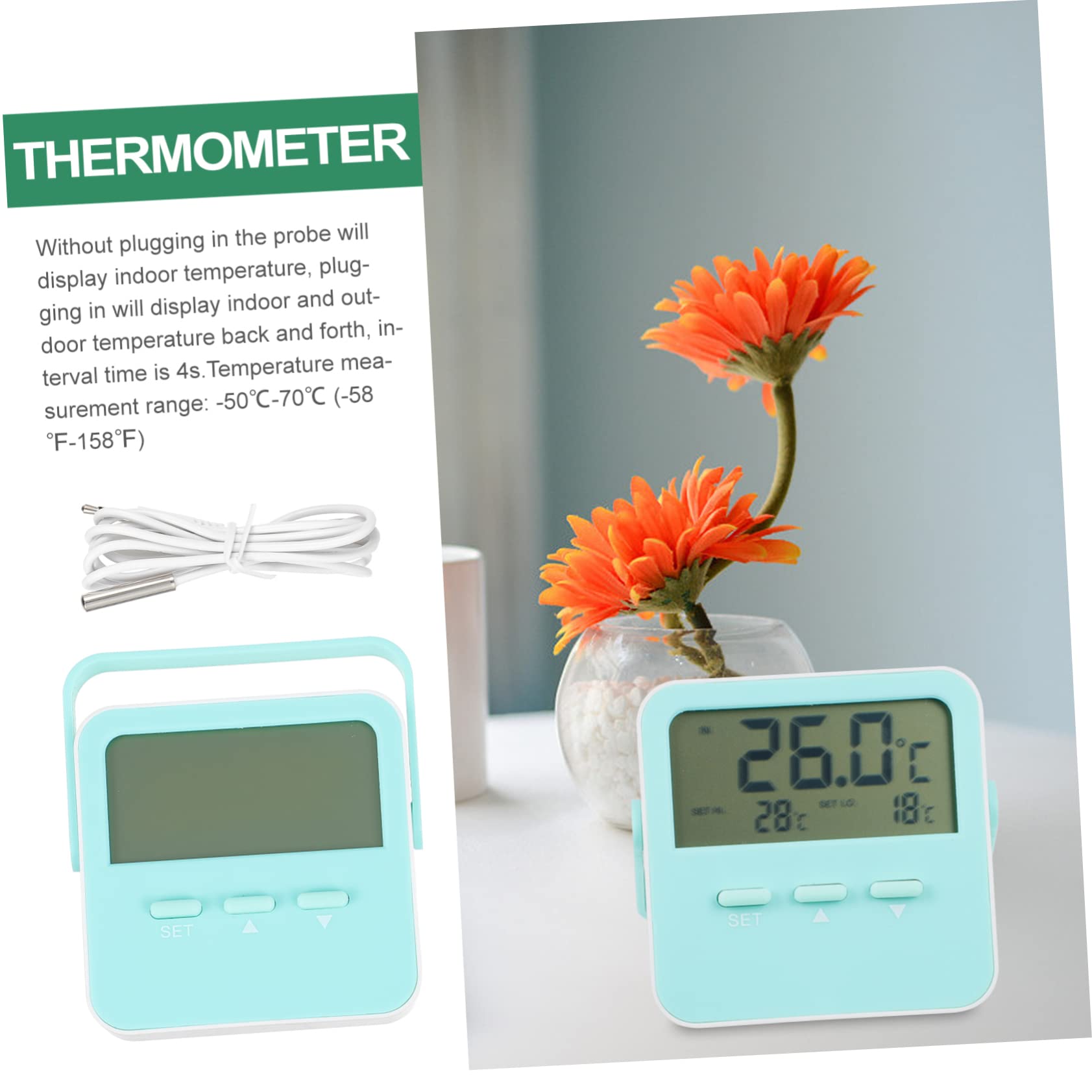 Kisangel 3piezas Digital Con Sonda y Soporte Medidor De Temperatura Interior y Exterior Alarma De Temperatura Alta Magnético Para Refrigerador y Escritorio Sin Batería