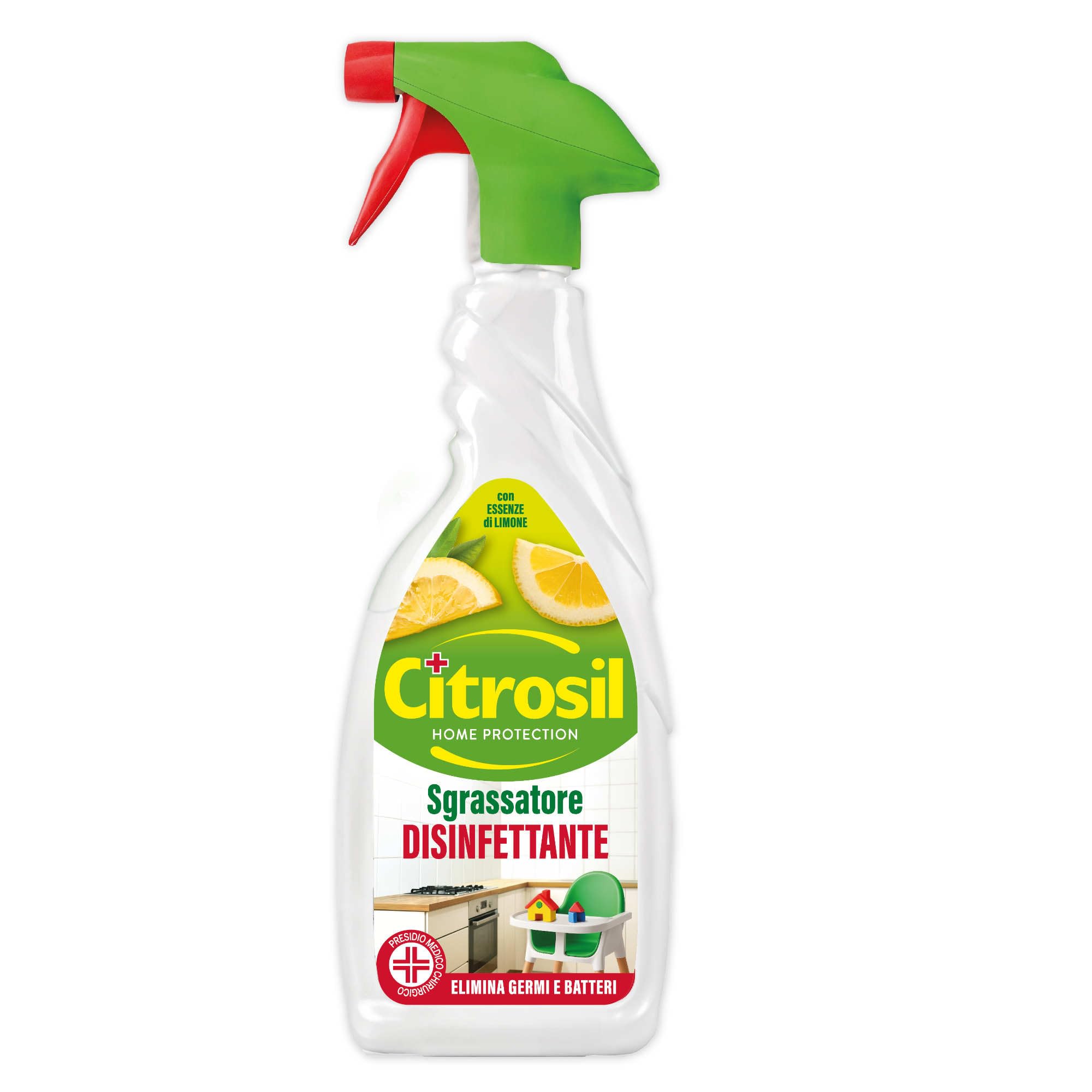 Citrosil Sgrassatore Disinfettante, Sgrassa a fondo, Elimina Fino al 99,​9% di Virus e Batteri, Essenze di Limone, 650 ml