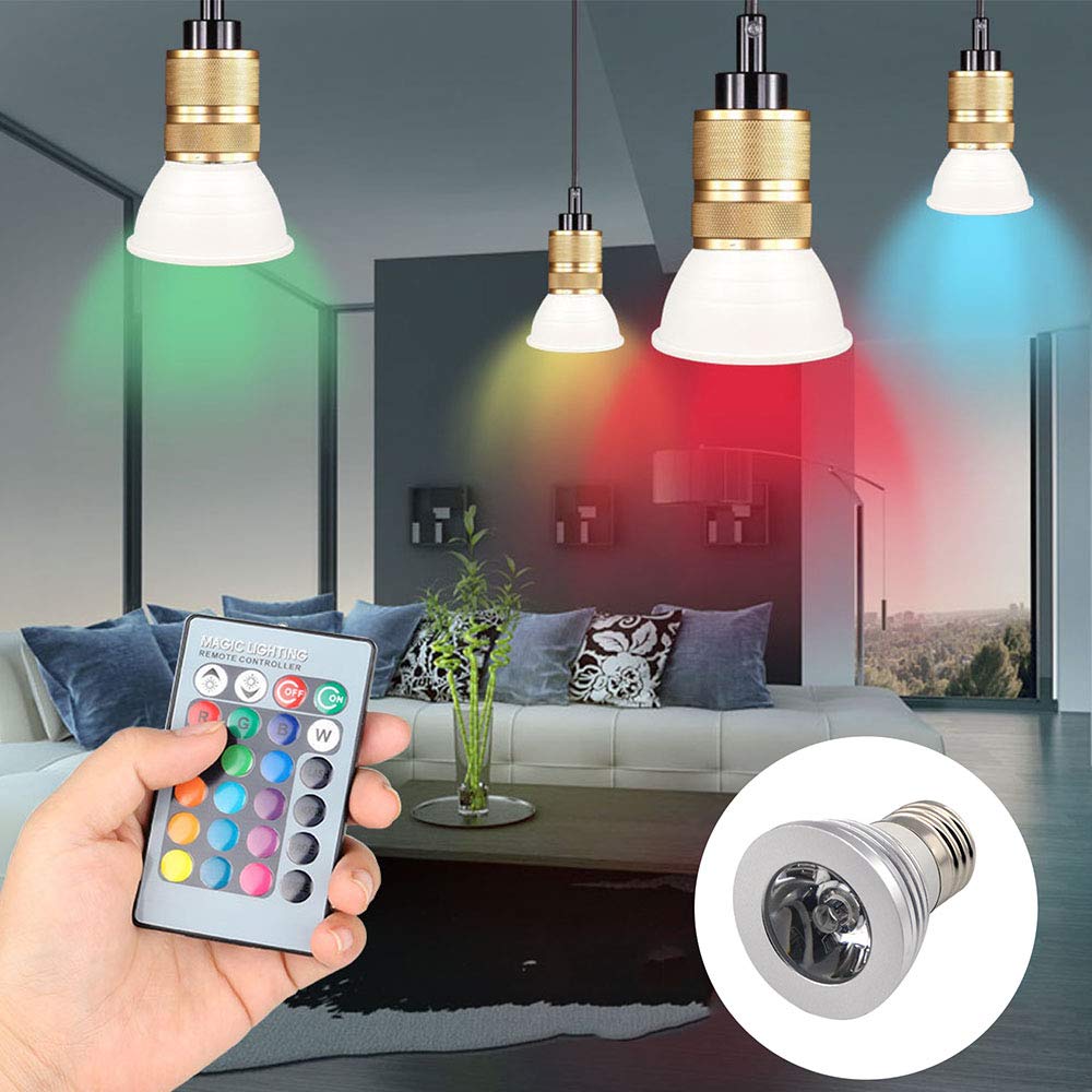 Generico Lampadina LED E27 con Telecomando, 3 W, 16 Colori a Scelta, con Funzione di Memoria, faretti a Risparmio energetico, Illuminazione d'atmosfera, Confezione da 6 lampadine