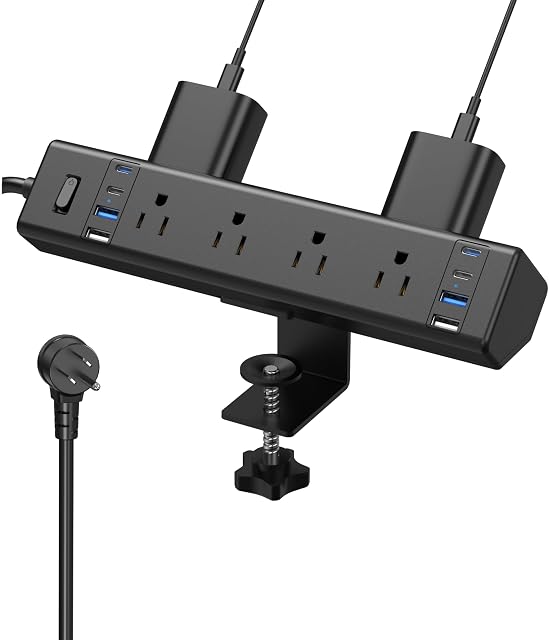 Barre d'alimentation de pince de bureau avec 4 USB-C Ports(40W Station de recharge rapide) & 8 AC Sorties, bande de puissance du protecteur de surpression de la bordure du dos,14AWG Corde de service lourd,Fit 1.9" Bord de la table pour le bureau d'accueil (6FT)