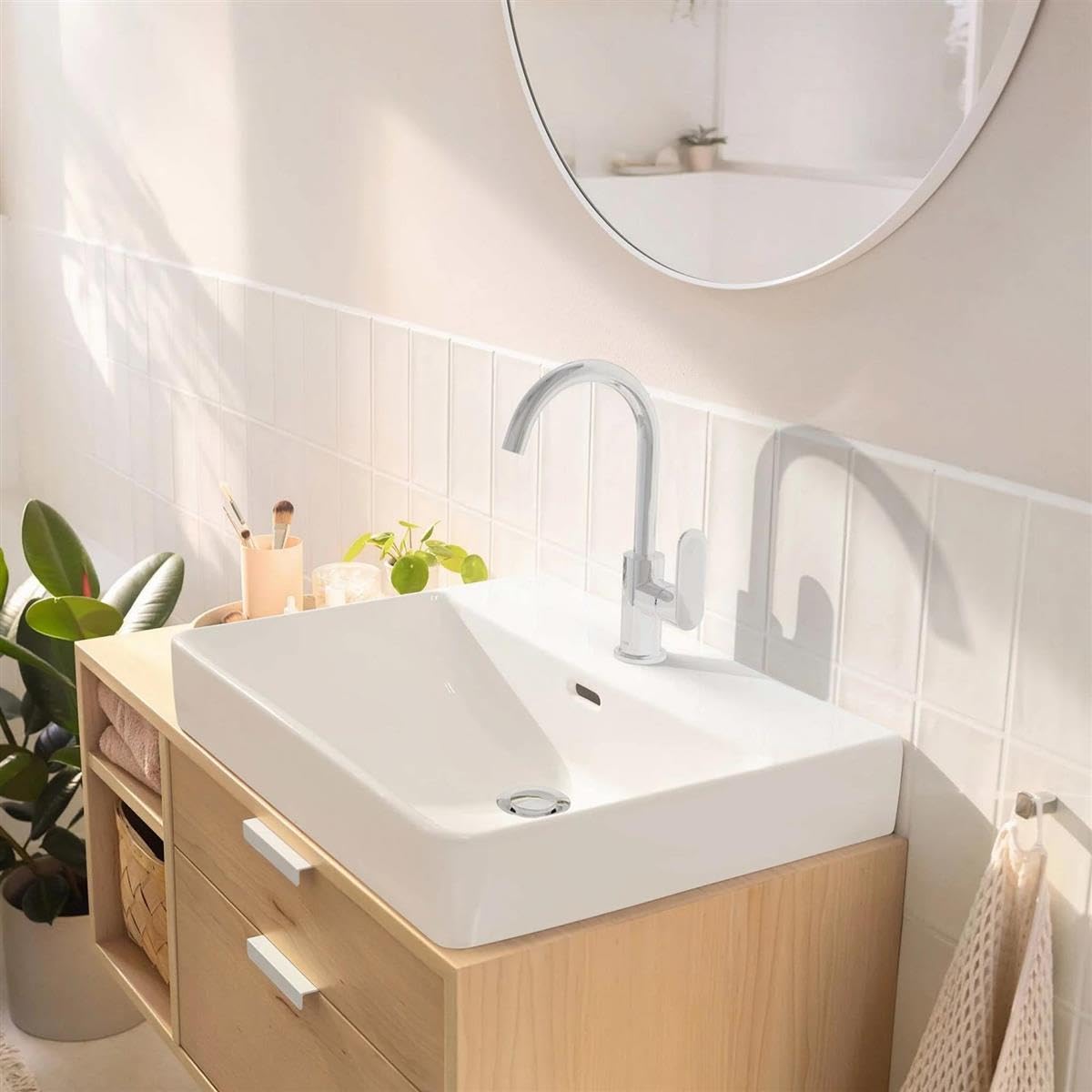 hansgrohe Rebris S - Waschtischarmatur mit Zugstange und Ablauf, schwenkbar, Wasserhahn Bad mit Auslauf Höhe 222 mm, Mischbatterie Waschbecken wassersparend (EcoSmart), Chrom, 72536000