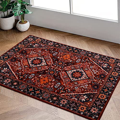 Beeiva Vintage Oriental Area Rug 2X3 Small Washable Entryway Rug Non-Slip Door Mat Accent Throw Rugs Indoor Floor Carpet For Kitchen Bedroom Bathroom (Red/Multi, 2X3Ft) #TOP4