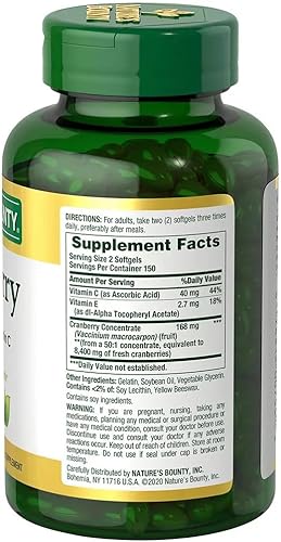 Nature's Bounty Cranberry 4200mg con vitamina C, salud urinaria y apoyo inmunológico, concentrado de arándano, 300 cápsulas blandas de liberación
