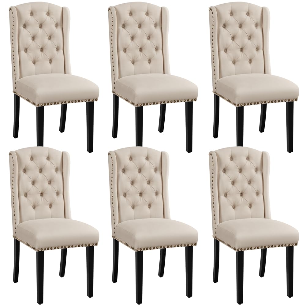 Yaheetech Lot de 6 Chaises de Salle à Manger en Tissu Effet Lin Design Classique Boutonné Ensemble de Chaises de Cuisine Rembourrées avec Pieds en Bois Massif Garniture Clou Dorés Beige