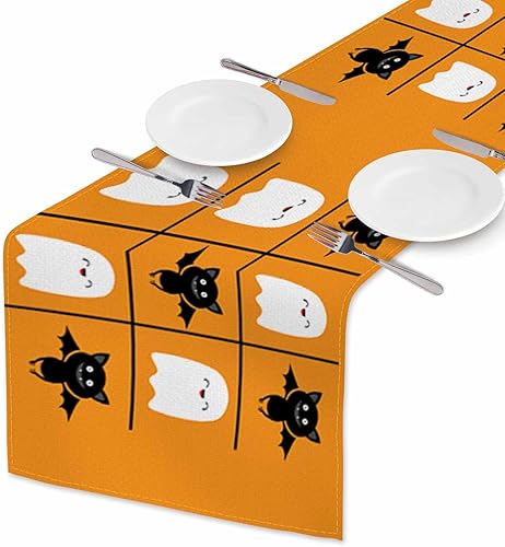 HOSNYE Camino de mesa lindo de Halloween, espíritu fantasma y murciélago, camino de mesa de lino de algodón para cocina, mesa familiar, mesa de